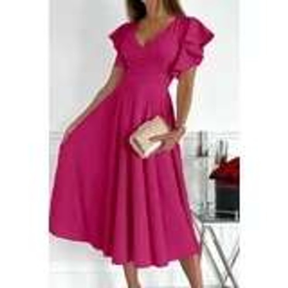 PrettyGarden Womens Hot Pink Ruffle Sleeve V-Neck Maxi Dress Size L NWT